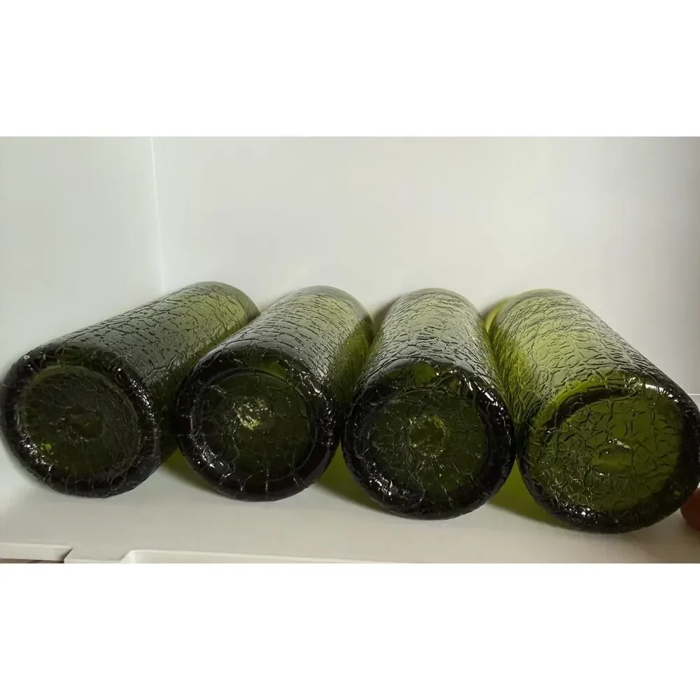 Vintage Pilgrim Green Heavily Crackled Drink Glasses Hand Blown Heavy Set Of 4